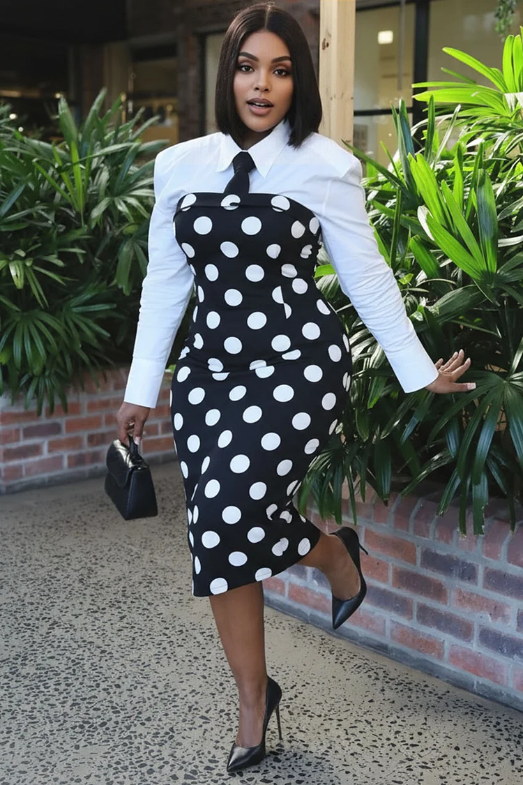 Xpluswear Design Plus Size Business Casual Black Polka Dot Shirt Collar Long Sleeve Bodycon Contrast Midi Dresses [Pre-Order] 2024 - Xpluswear