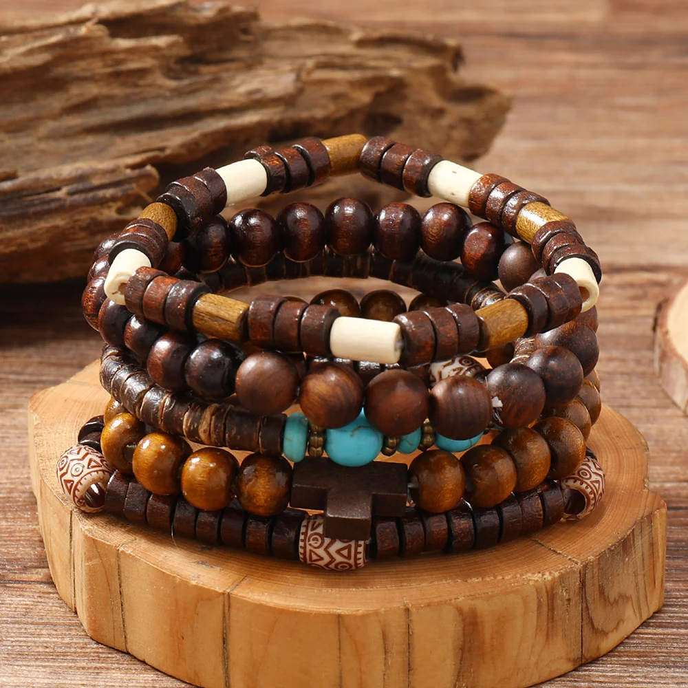 Men's Vintage Cross Multi-layered Wooden Bead Bracelet-inspireuse