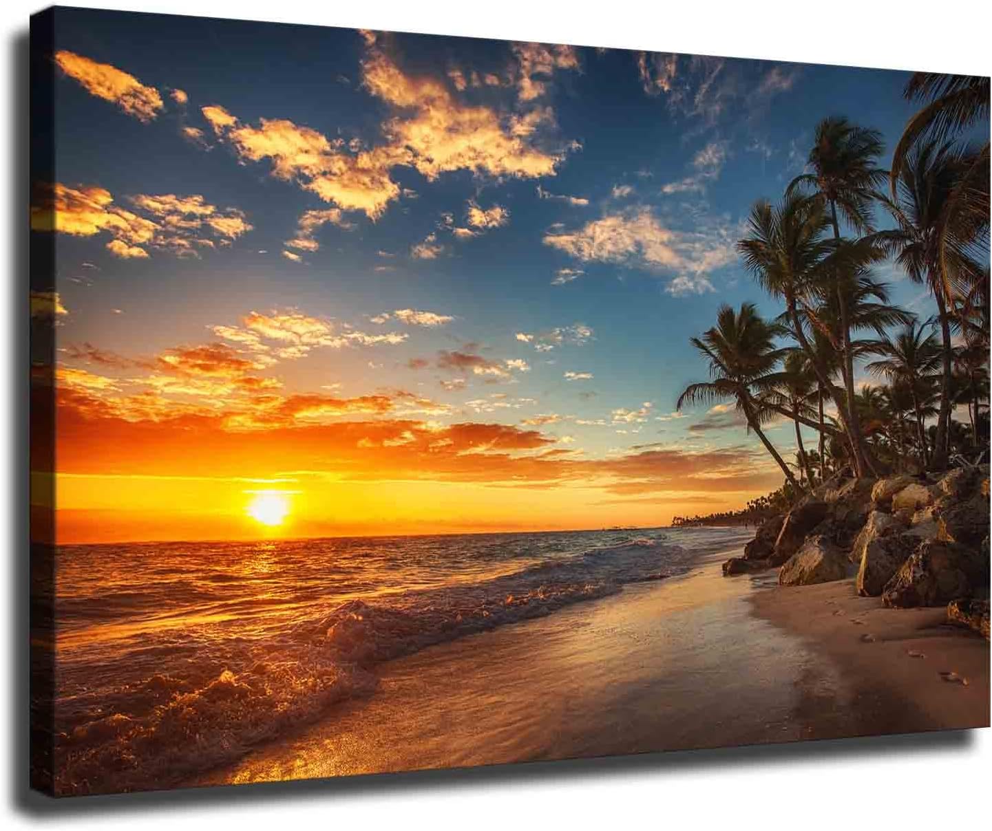 Sunset Landscape Poster Tropical Beach Sunset Palm Trees Art Poster Canvas Wall Display Cool Art Decoration Printing Painting Living Room Bedroom Decoration Style (Unframed,0812inch) Unframed