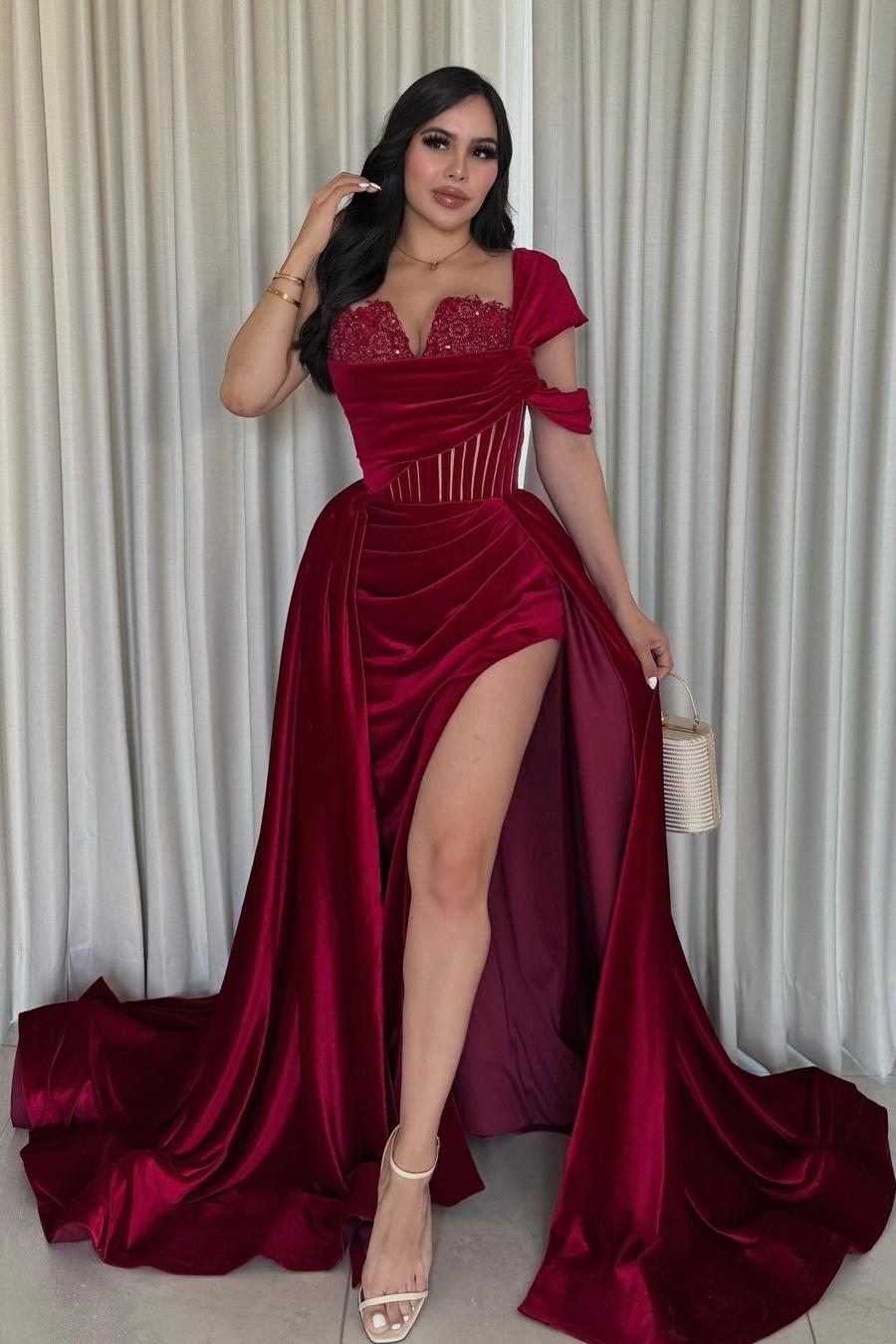 Oknass One Shoulder Sleeveless Long Mermaid Prom Dress With Split Pleated