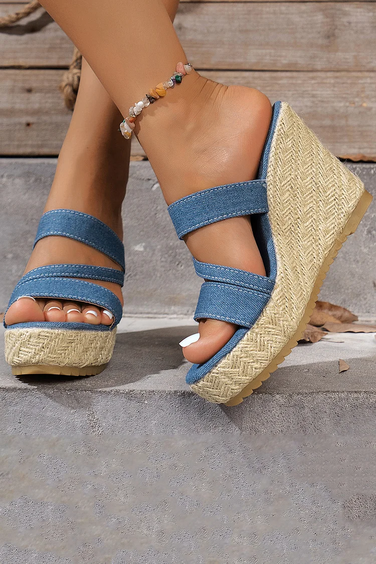 Casual Denim Strappy Peep Toe Slides Wedge High Heel Sandals 2024 - Xpluswear