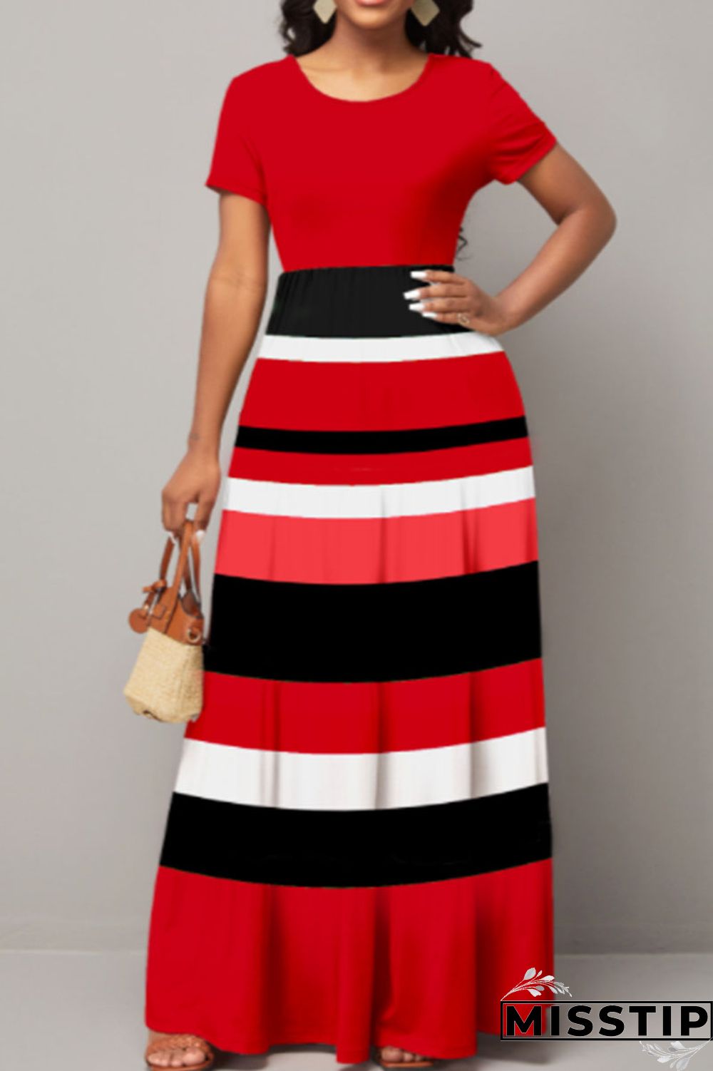 Red Casual Elegant Striped Print Patchwork O Neck A Line Dresses