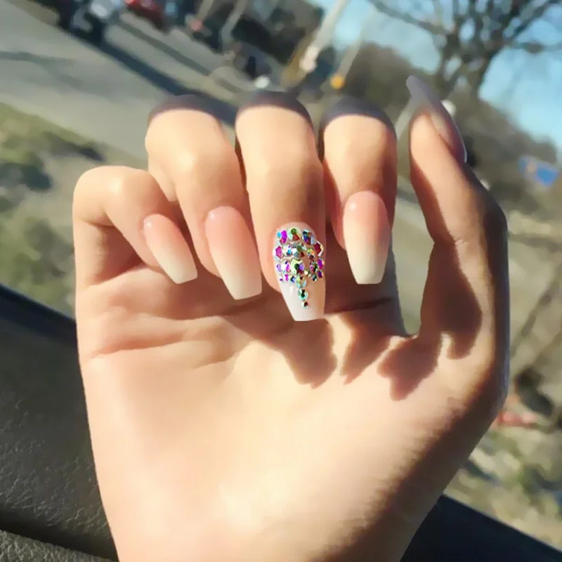 24pcs Fake Nails With Small Diamond Glue Type Long Paragraph Gradient Color Fashion Manicure Patch False Nails Press On Coffin D-Nail Inspo