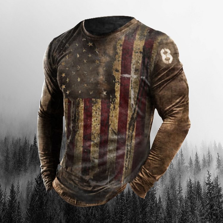 BrosWear Men's Casual USA Flag Printed Street Trend Long Sleeve T-Shirt