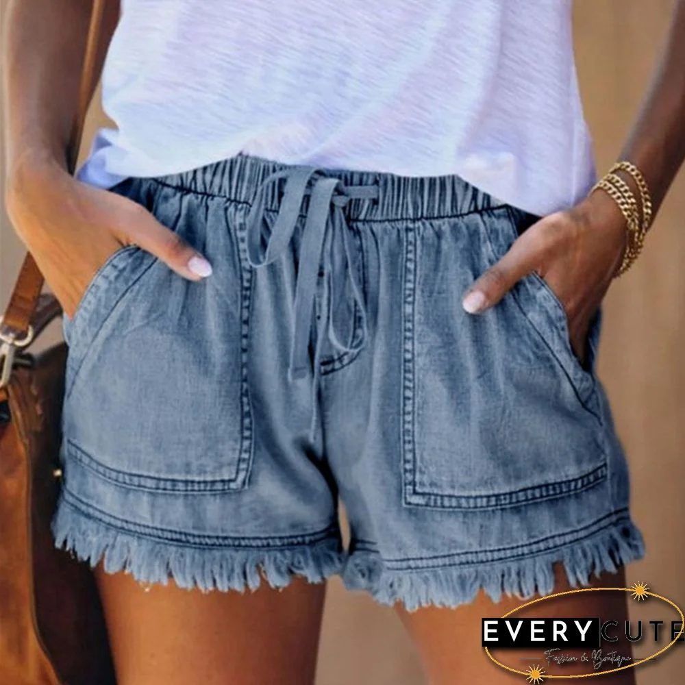 Ladies Elastic Waist Casual High Waist Slim Thin Denim Shorts Hot Pants