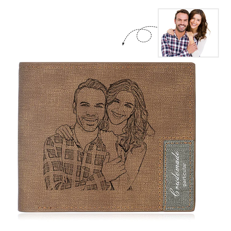 Men Wallet Personalized Photo Wallet With Engraving  - Brown Leather