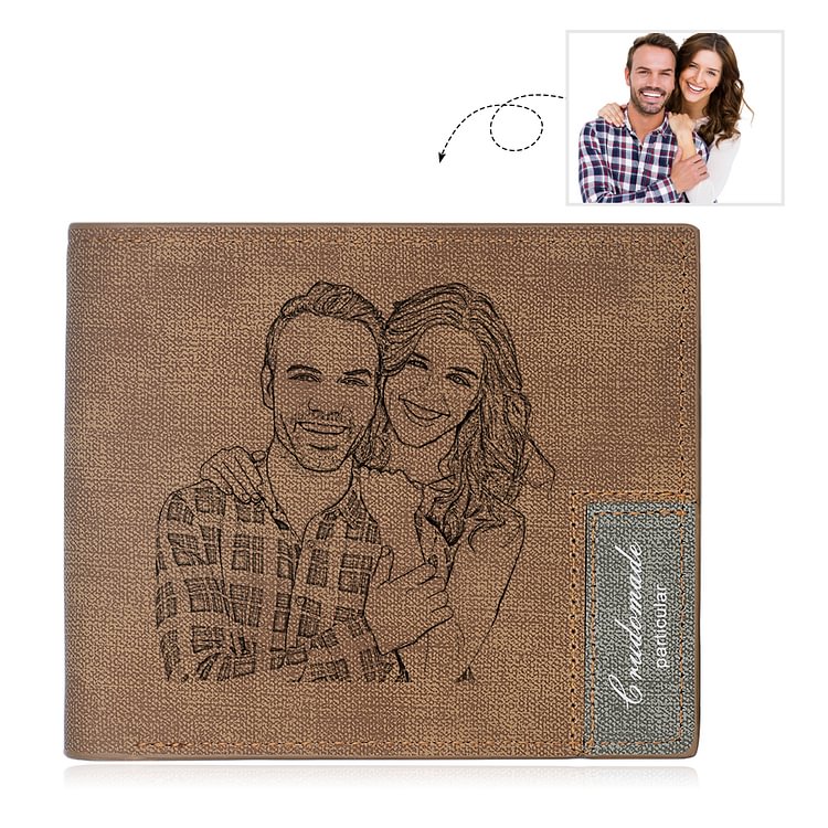 Men Wallet Personalized Photo Wallet With Engraving  - Brown Leather