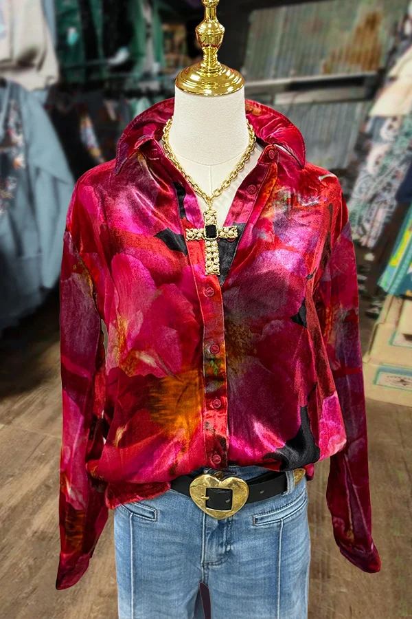 Colorful Print Button Down Velvet Shirt