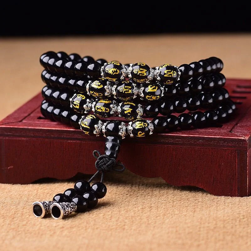 Black Obsidian Six True Words Protection Mala Necklace Bracelet