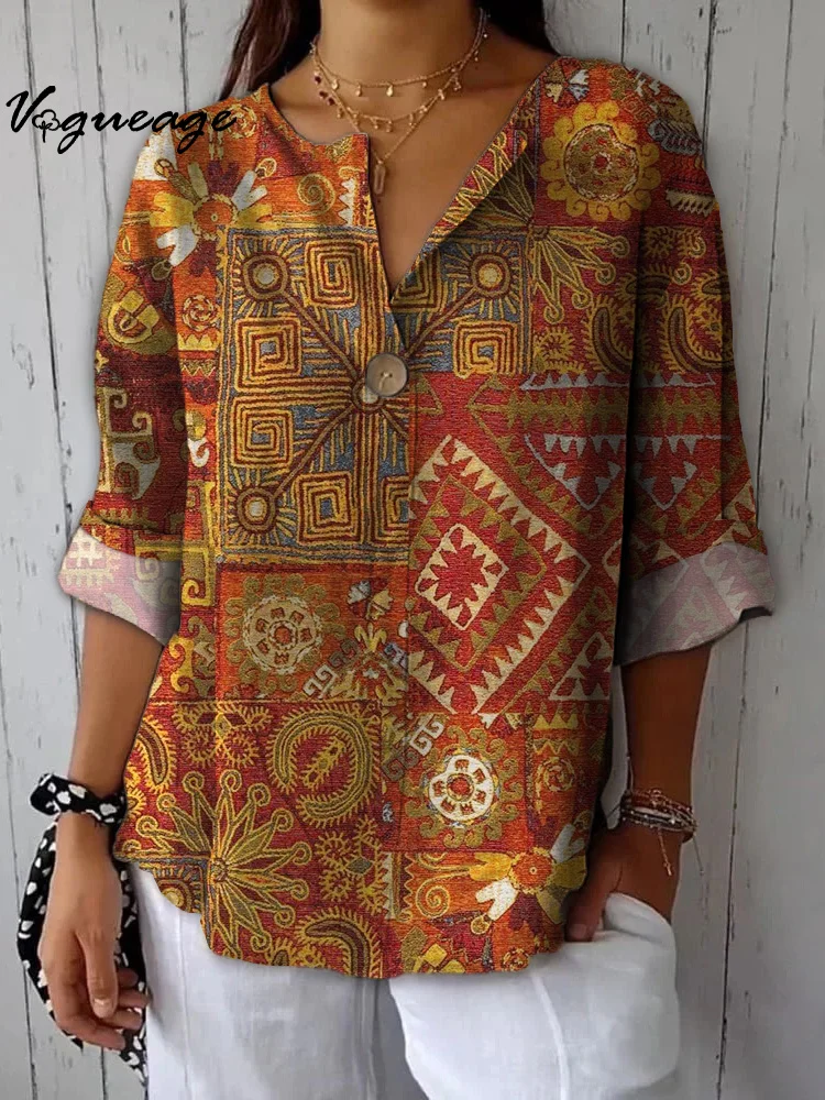 Gentle And Elegant Ethnic Pattern Printed Cotton And Linen Shirt