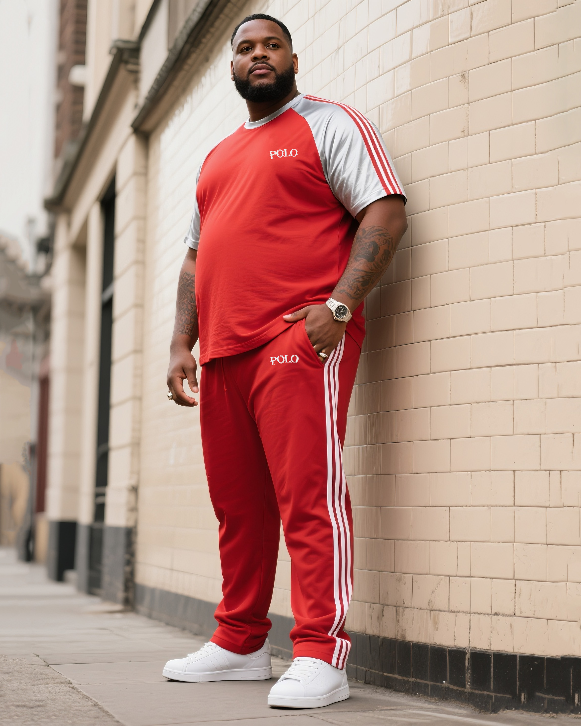 Big Boy Daily Casual Fox Red Striped Silver White Round Neck Short Sleeve T-Shirt Striped Trousers Suit