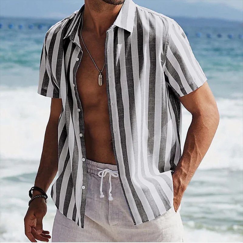  Striped Short-Sleeve Button-Up Shirt for Men - Perfect for Summer Beach Outings
