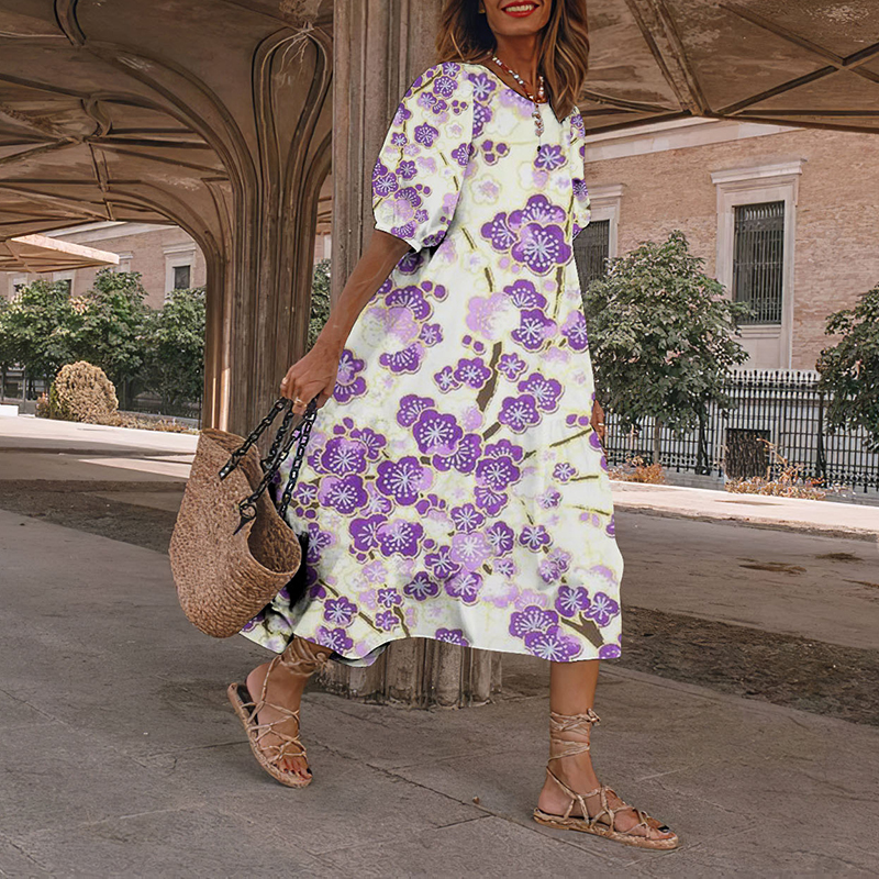 Comstylish Vintage Purple Floral Japanese Art And Spring Midi Dress