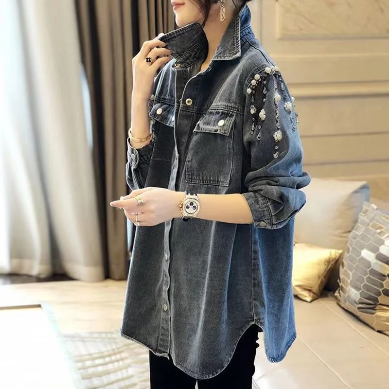 Woherb Station 2024 Spring And Autumn New Versatile Blue Fashion Loose Korean Version Temperament Versatile Standing Collar Cowboy Shirt Female-Outfit Ideas