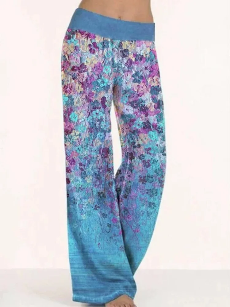 Floral Print Comfy Stretchy Wide Leg Pants