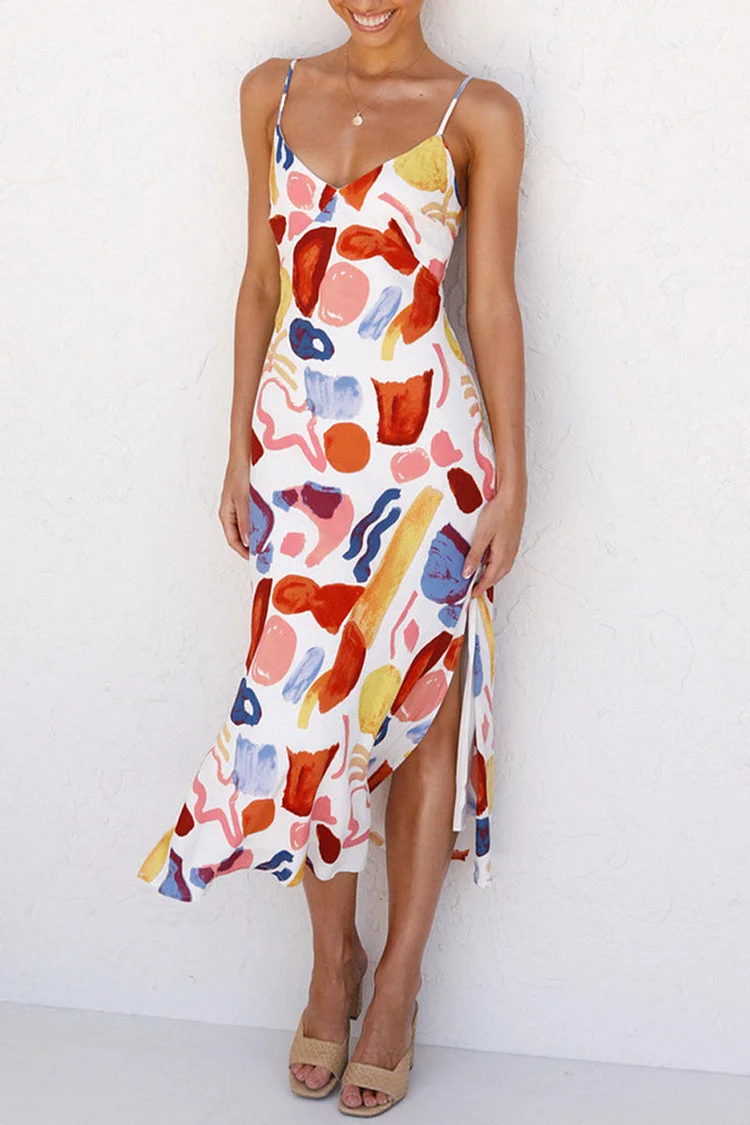 Sexy Vacation Print Color Block Slit V Neck Sling Dresses