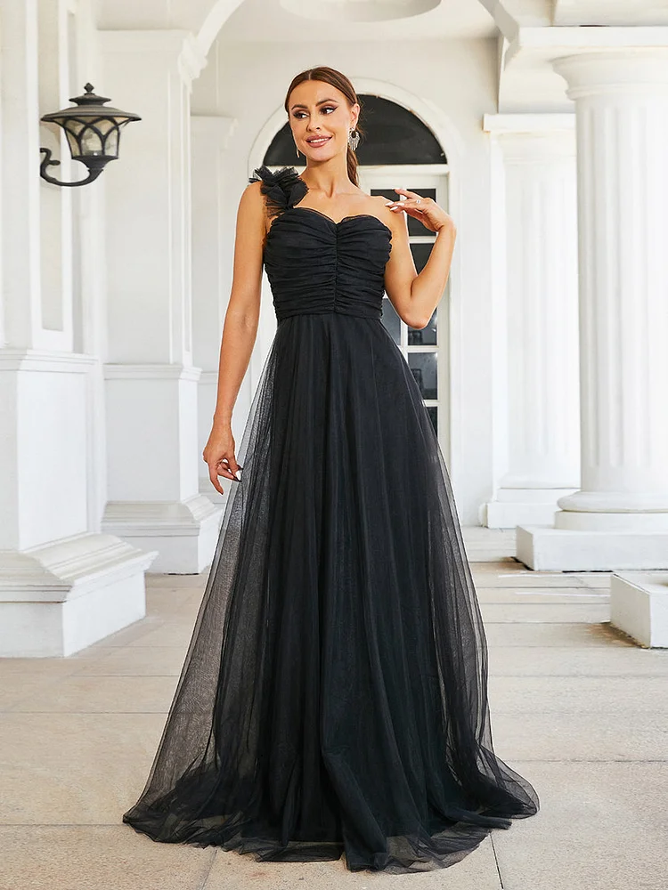 One Shoulder Sleeveless Floor Length Pink Tulle Dress XJ2042