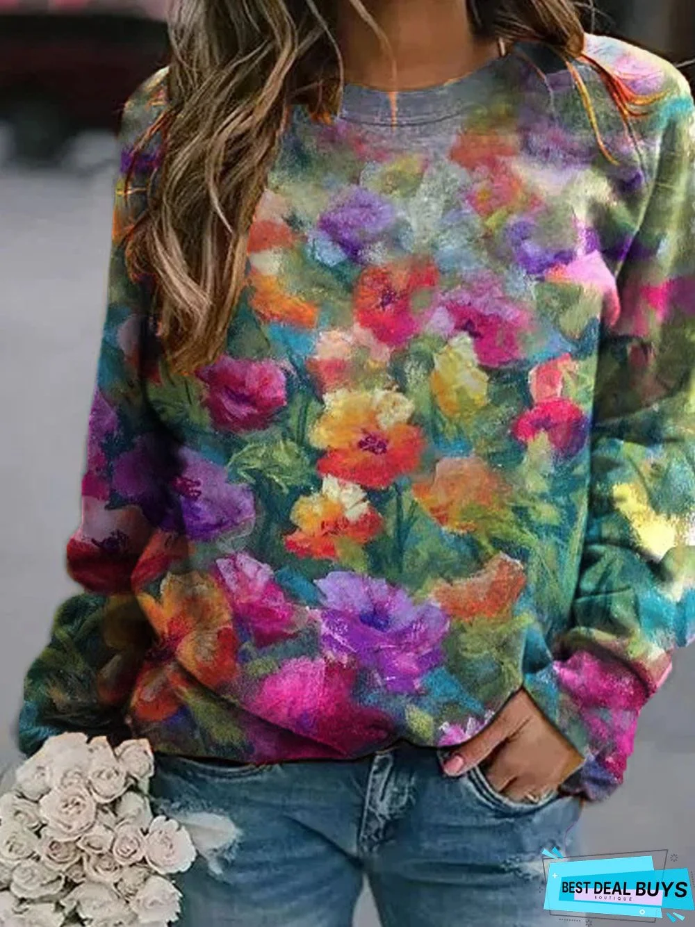 Crew Neck Floral Printed Casual Sweatshirts