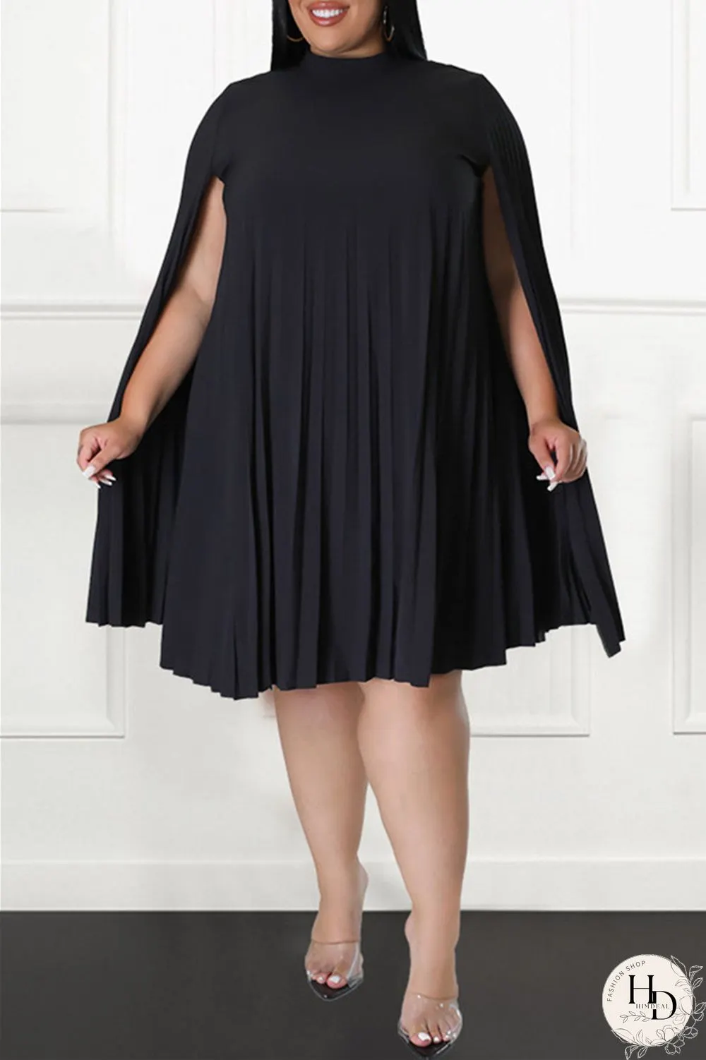Red Casual Solid Patchwork Fold Half A Turtleneck Plus Size Dresses