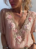 Boho Pink Flowers Fiber Art Lace Flowy Tunic