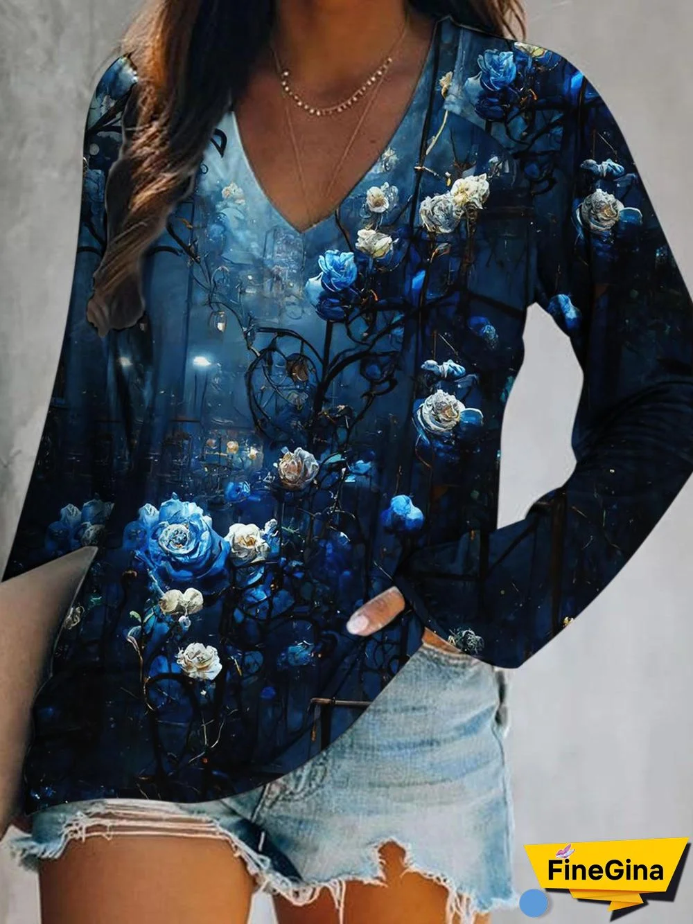 Women's Floral Print V Neck Long Sleeve Top