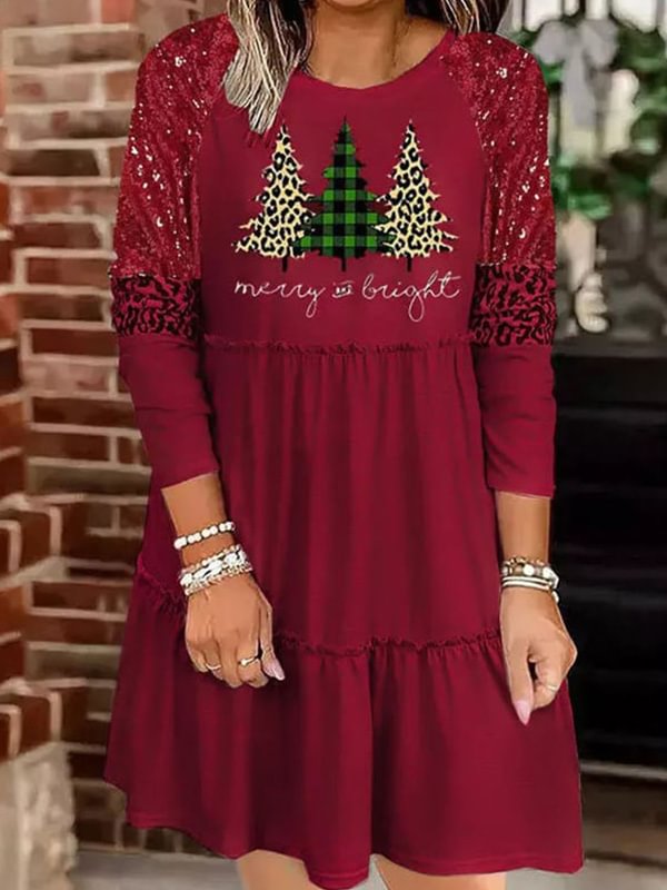 Merry And Bright Christmas Tree Print Long Sleeve Dress