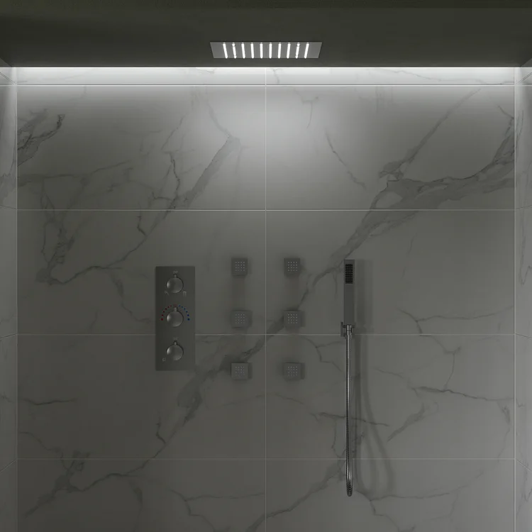 M6378NLI Luxury 12 in. Ceiling Mounted LED Shower System with Thermostat, 6 Body Massagers, and Handheld Sprayer