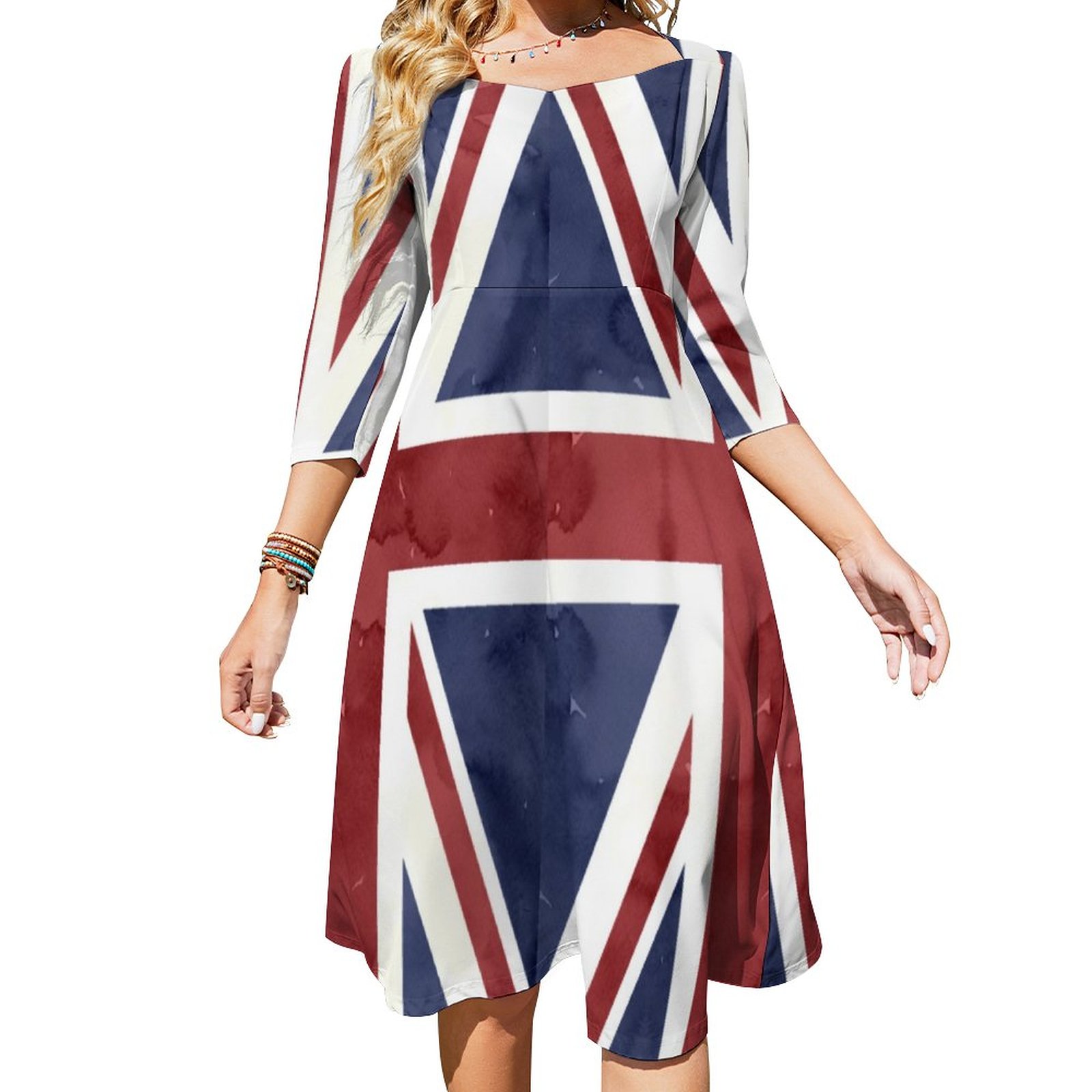 Pixdezines Grunge Union Jack Dress Sweetheart Tie Back Flared 3/4 Sleeve Midi Dresses