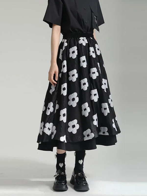 Boho Black Contrast Color Flower-Embellished Contrast Color Split-Joint A-line Skirt