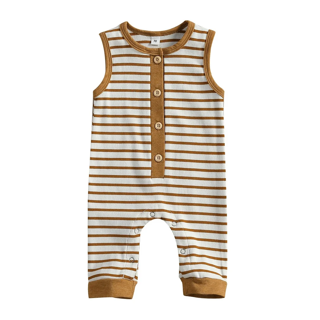 2021 Baby Summer Clothing Girl Boy Casual Sleeveless Ribbed Jumpsuit Fashion Stripe Round Neck Pull-on Single-breasted Romper