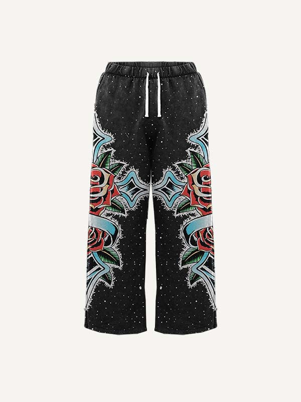 Cross&Floral&Letter Faux Decal Print Elastic Waist Pants