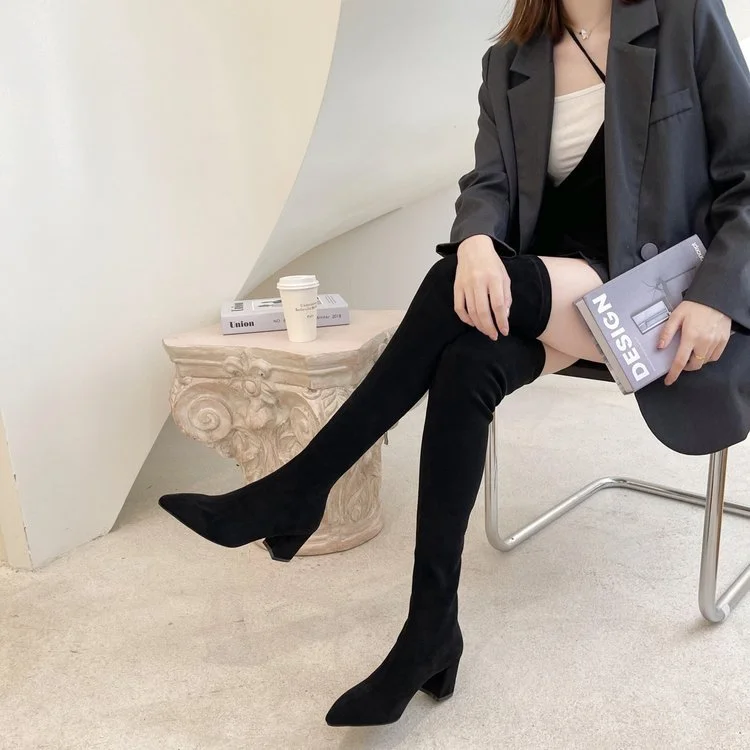 Churchf Churchf Boots Female Autumn Dong Thick Heel High Heel 2023 New Thick Leg Khaki Boots Suede Pointed Elastic Boots