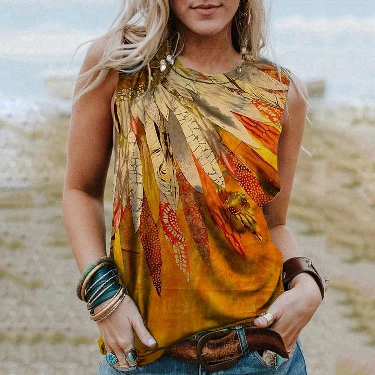 Sleeveless Printed Crew Neck Pullover Vest