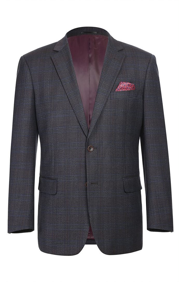 (42R) Wool Blend Plaid Pattern Regular Fit 2 Button Blazer in Burgundy