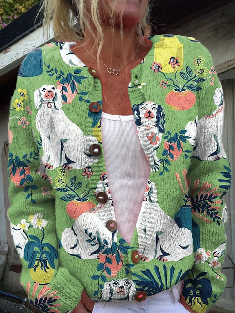 Women's Lovely Dogs Floral Art Print Buttoned Cardigan Sweater