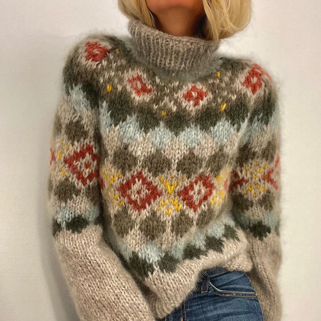 Retro Turtleneck Geometric Contrast Jacquard Sweater