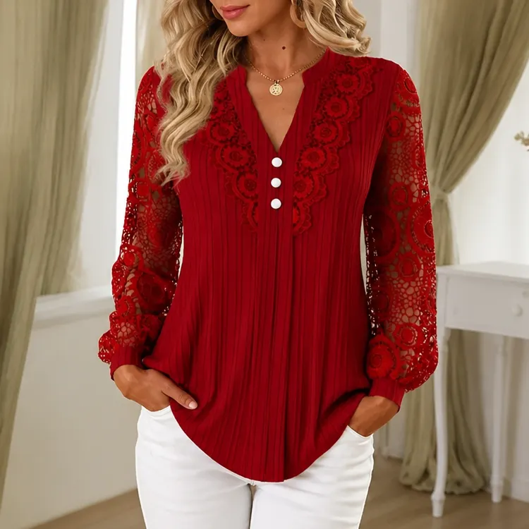 ⏰Women's Long-Sleeve Solid-Color V-Neck Lace Top