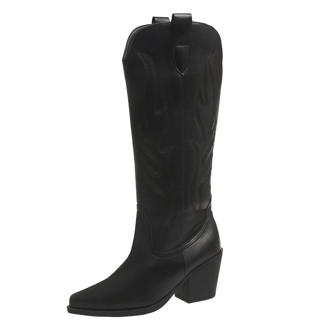 Breakj Breakj Women's Boot Embroidered Long筒 Boots 2025 Female Knight Boots Coarse And High With Western Cowboy Vintage Tide Boots