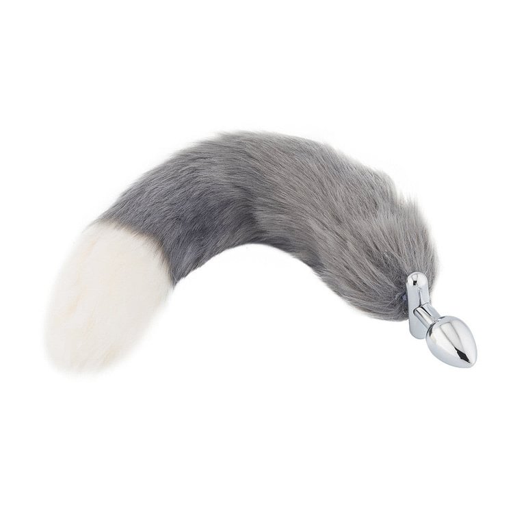 Grey with White Fox Shapeable Metal Tail Plug, 18