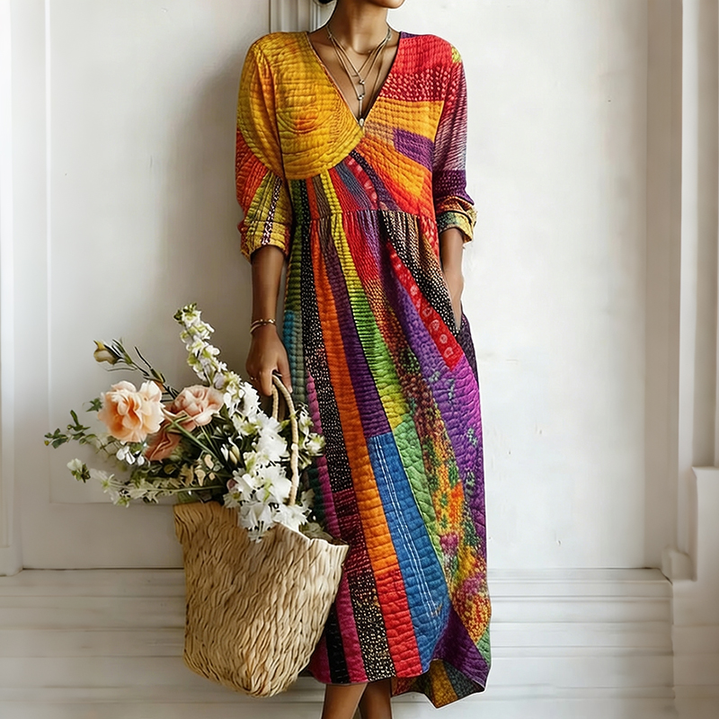 Comstylish Women's Bohemian Vintage Colorful Sun Collage Art Print Flowy Linen Blend Casual Dress