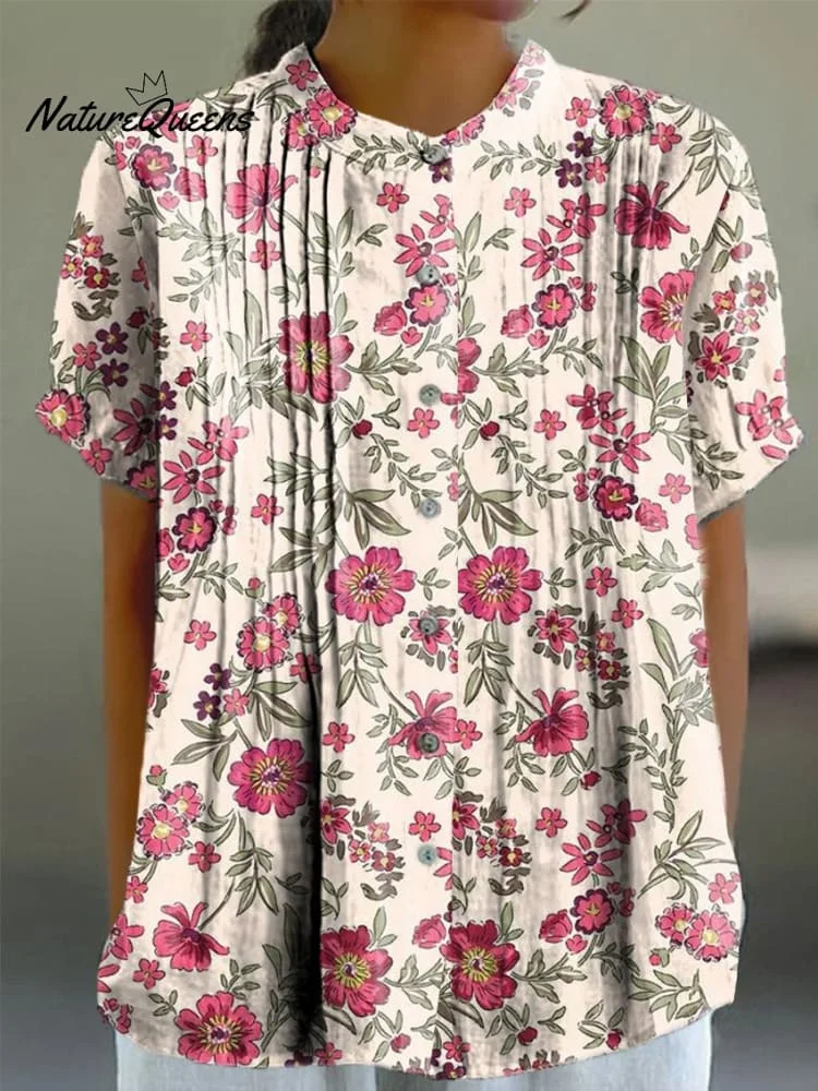 Women's Red Floral Print Casual Cotton And Linen Shirt