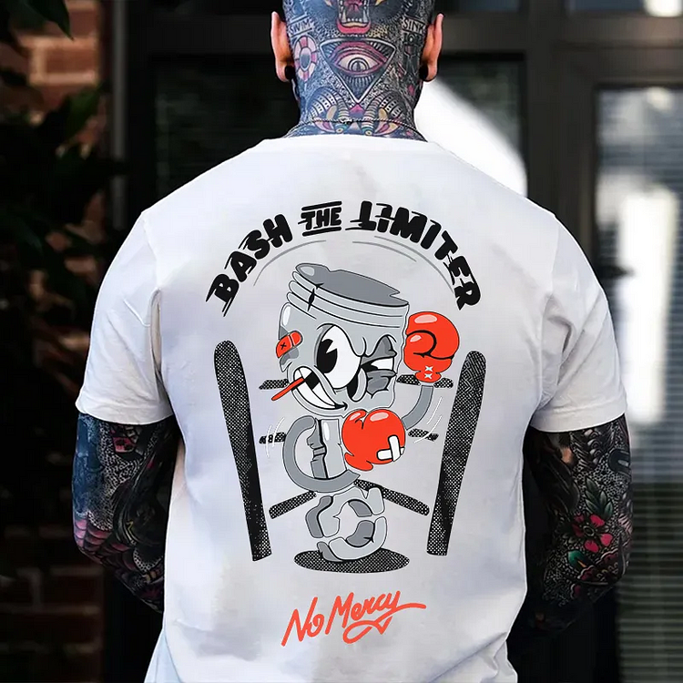 BASH THE LIMITER No Mercy Fighting Tool Man Graphic Black Print T-shirt