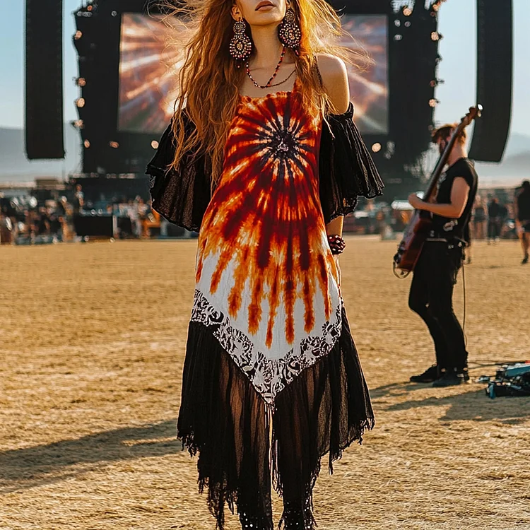 Coachella Music Festival Rock Rave Party Tie-Dye Ruffle Floral Fringed Lace Vintage Dress