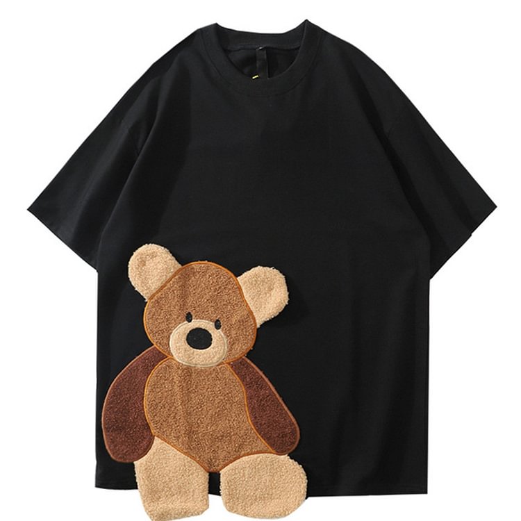 Cartoon Bear Embroidery Casual Round Collar T-Shirt - Modakawa Modakawa