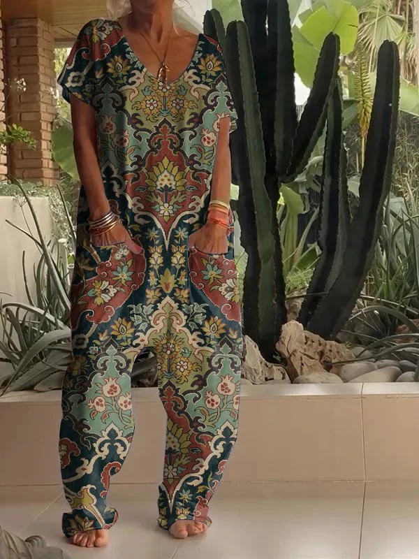 Casual Retro Floral Print V Neck Jumpsuit