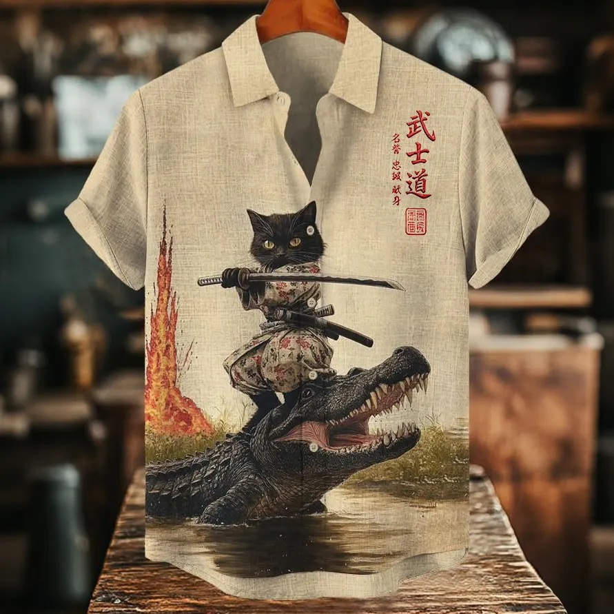 Men's Japanese Art Crocodile Samurai Cat Print Cotton Linen Short-sleeve Shirt  artssus