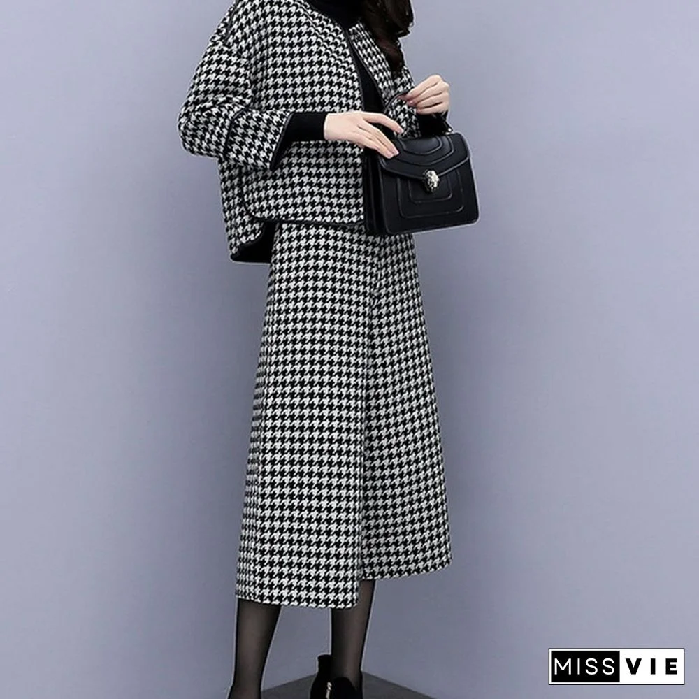 Autumn Winter Two Piece Sets Outfits Women Woolen Coat And Cropped Wide Leg Pants Suits Office Elegant Sets