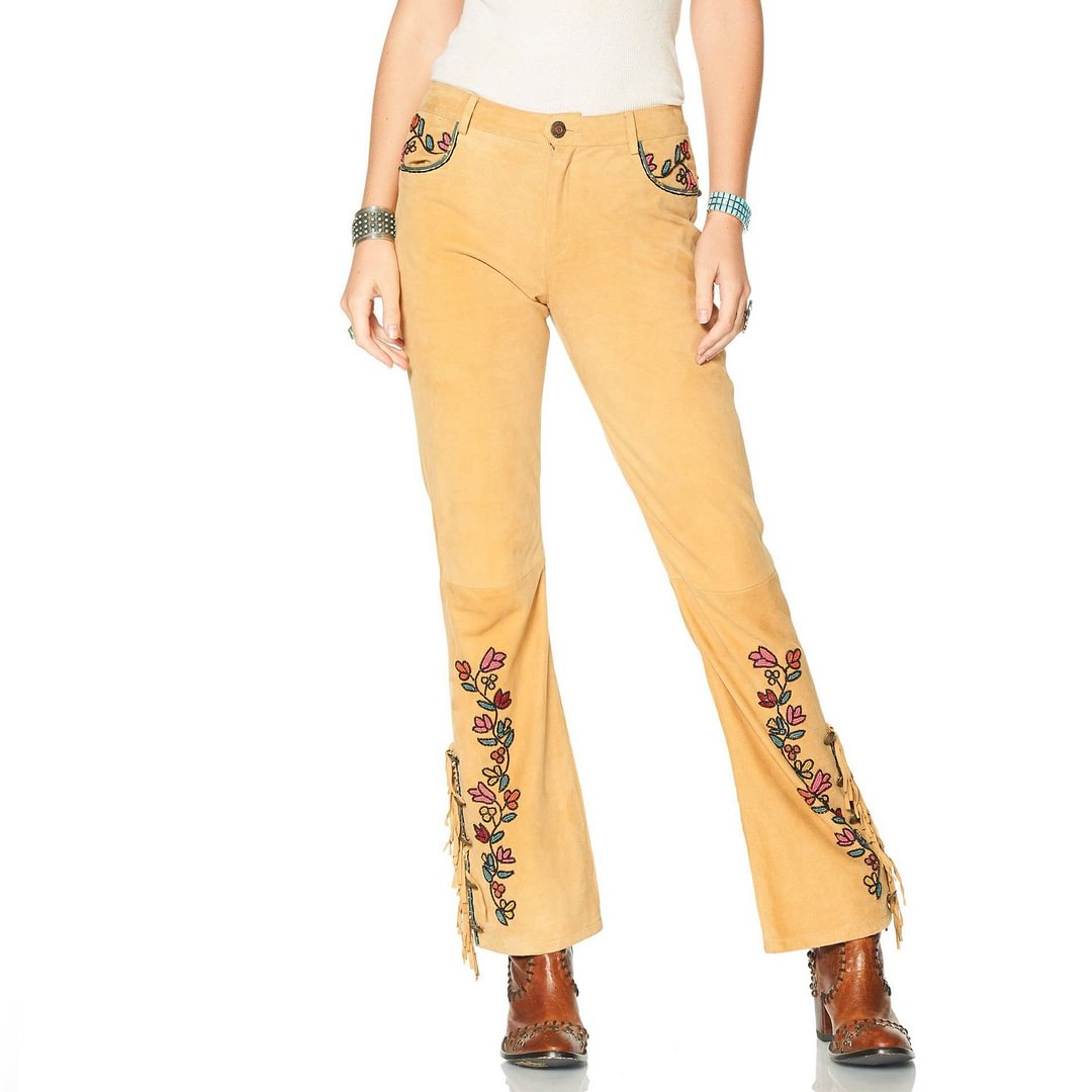 orange fringe pants