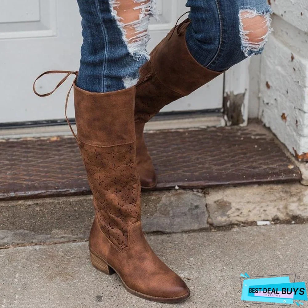 PLUS SIZE VINTAGE LEATHER ZIPPER KNEE BOOTS