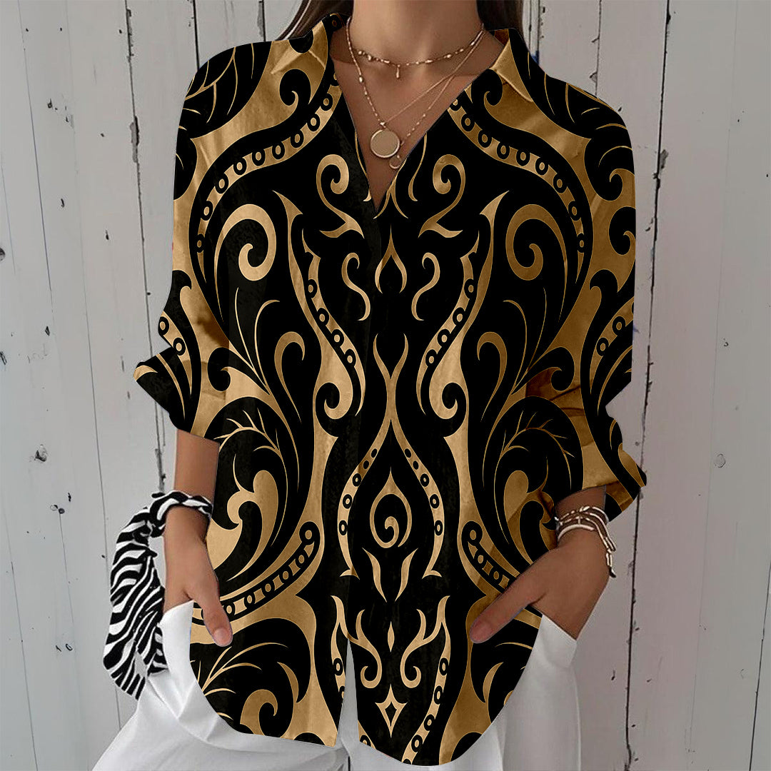 Women Long Sleeve V-neck Graphic Floral Printed Top